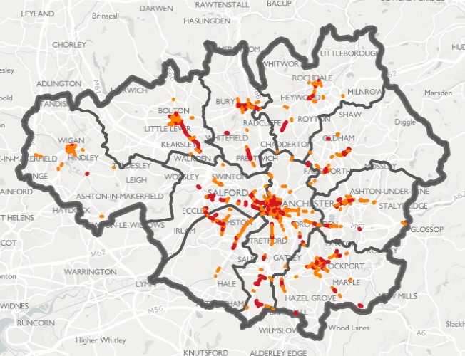 GM clean air plan map: 152 stretches of road likely to have nitrogen dioxide levels in breach of legal limits beyond 2020 if no action is taken.